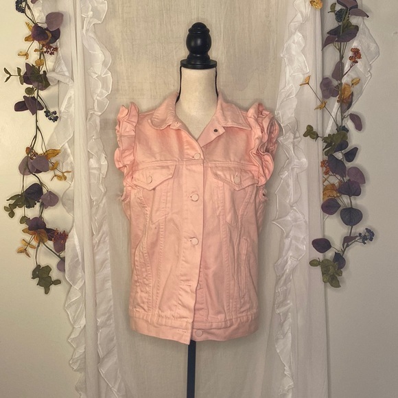 J Brand X Simone Rocha Pink Ruffle Sleeve Button Down Denim Vest Size S/M RARE‎ - Picture 4 of 13